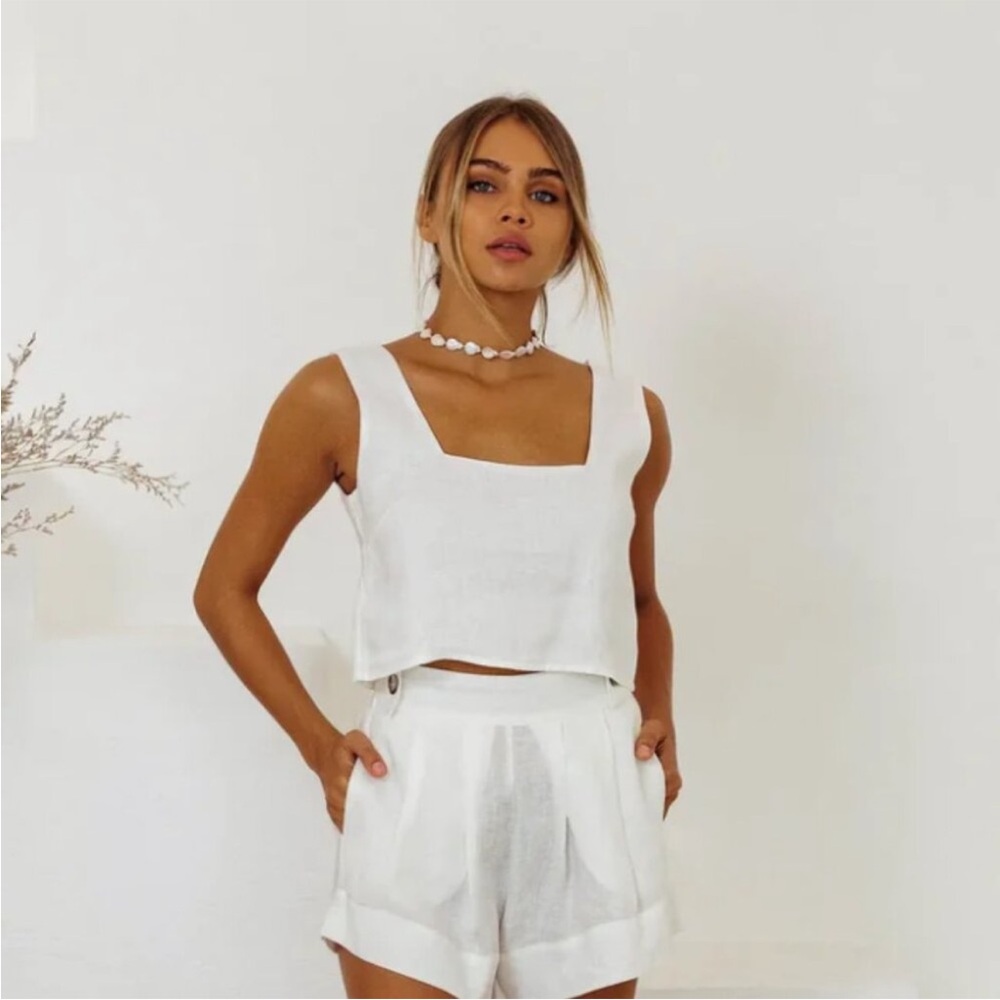 Free The Label White Roma Sleeveless Crop Tank Top 100% Linen Size S